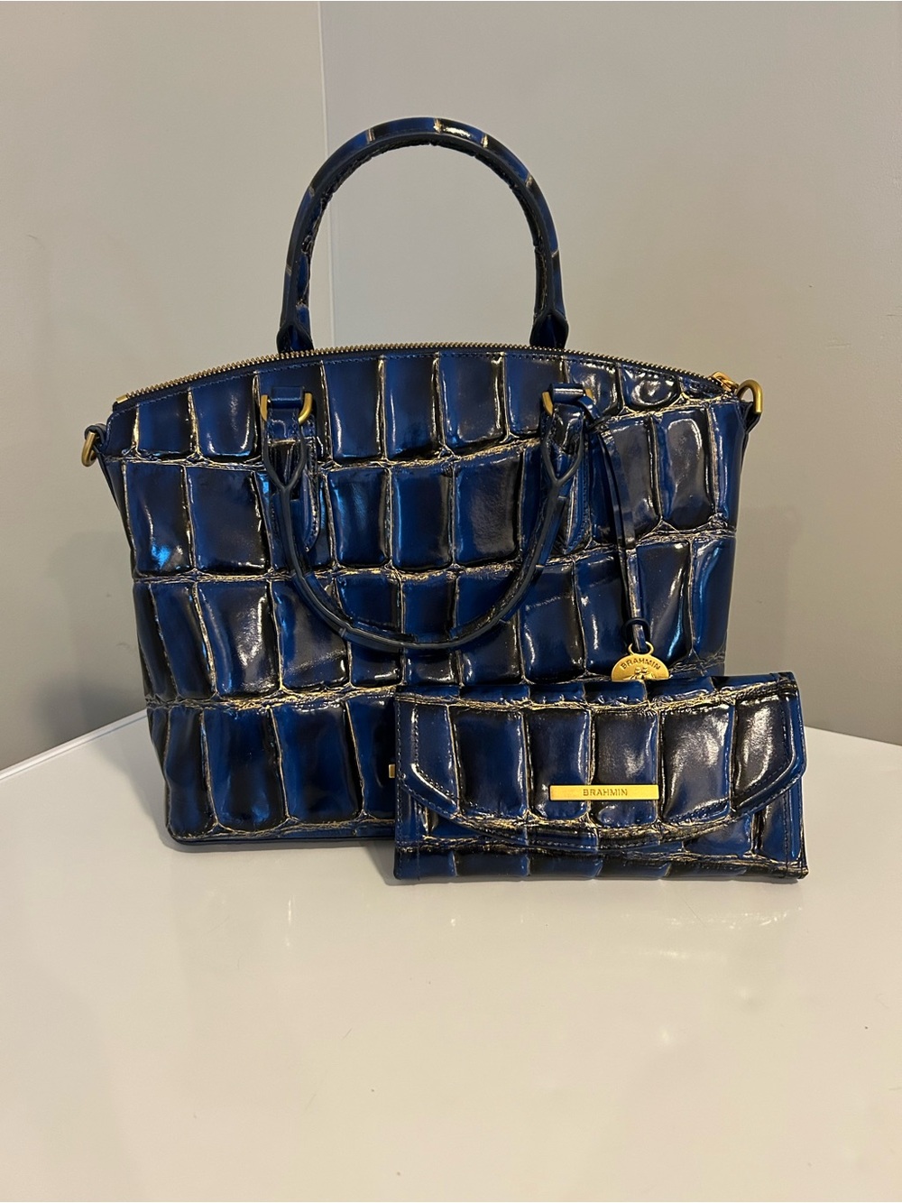 Brahmin Blue Croc-Embossed Leather Satchel with Wallet
